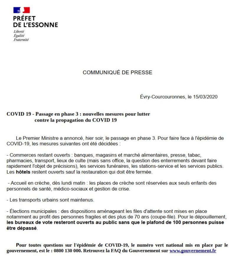 Lettre Préfecture de l'Essonne 14 03 20